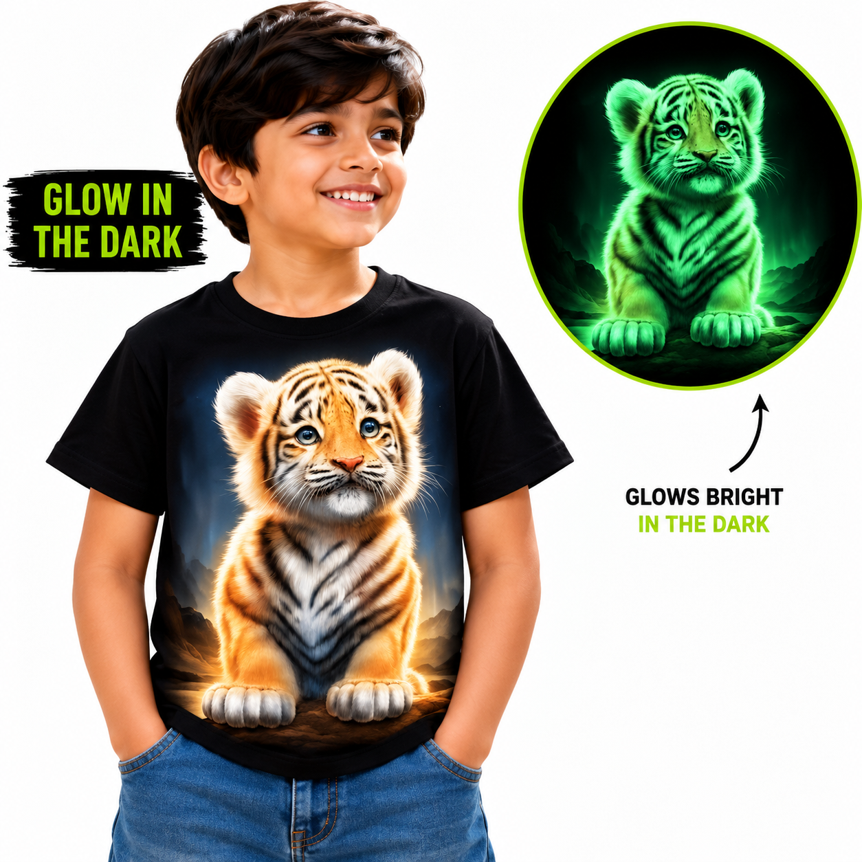 Tiger Cub Kids Glow-in-the-Dark T‑Shirt – Black view 1